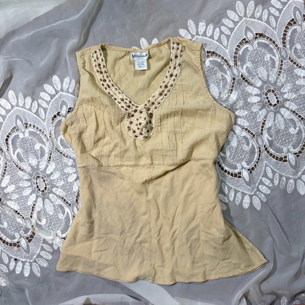 Boho Babydoll Beige Cotton Gauze Crochet Beaded V-Neck Sleeveless Top Large